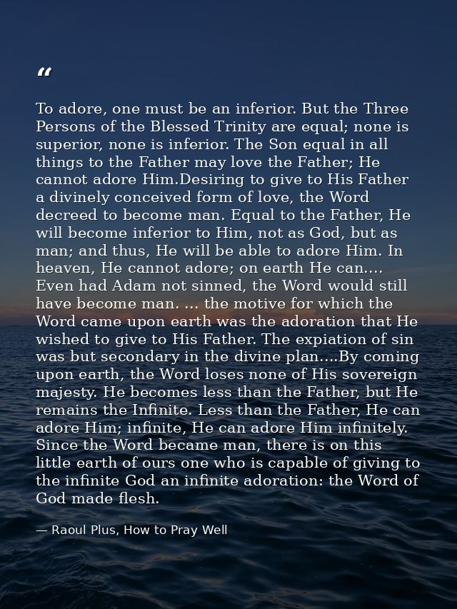 To adore, one must be an inferior. But the Three Persons of the Blessed Trinity are equal; none is superior, none is inf — Raoul Plus, How to Pray Well