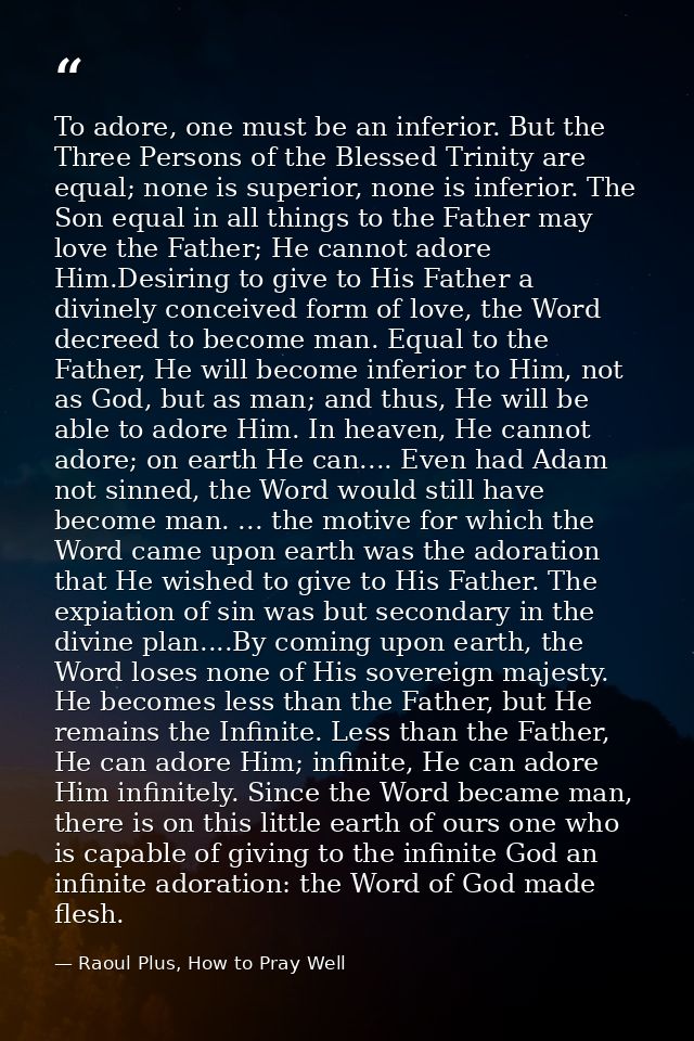 To adore, one must be an inferior. But the Three Persons of the Blessed Trinity are equal; none is superior, none is inf — Raoul Plus, How to Pray Well
