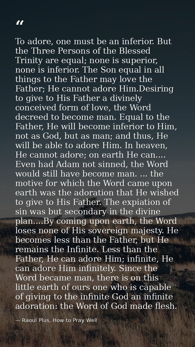 To adore, one must be an inferior. But the Three Persons of the Blessed Trinity are equal; none is superior, none is inf — Raoul Plus, How to Pray Well