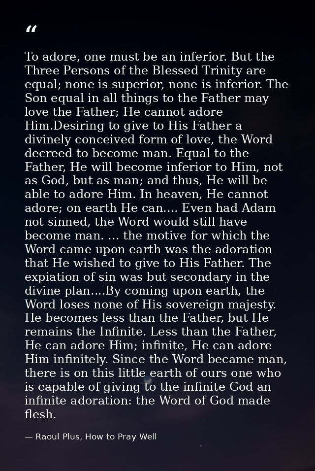 To adore, one must be an inferior. But the Three Persons of the Blessed Trinity are equal; none is superior, none is inf — Raoul Plus, How to Pray Well