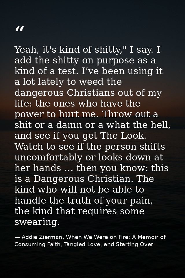 Yeah, it's kind of shitty," I say. I add the shitty on purpose as a kind of a test. I’ve been using it a lot lately to w — Addie Zierman, When We Were on Fire: A Memoir of Consuming Faith, Tangled Love, and Starting Over