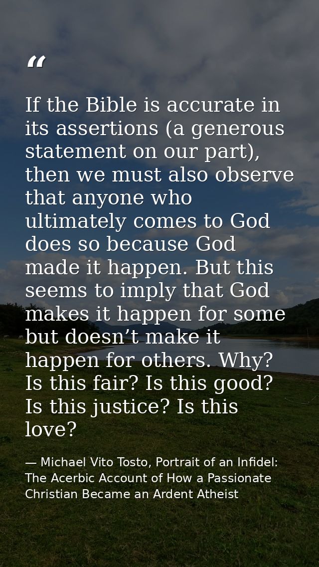 If the Bible is accurate in its assertions (a generous statement on our part), then we must also observe that anyone who — Michael Vito Tosto, Portrait of an Infidel: The Acerbic Account of How a Passionate Christian Became an Ardent Atheist