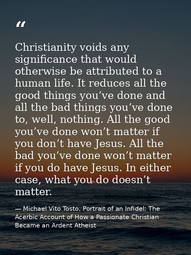Christianity voids any significance that would otherwise be attributed to a human life. It reduces all the good things y — Michael Vito Tosto, Portrait of an Infidel: The Acerbic Account of How a Passionate Christian Became an Ardent Atheist