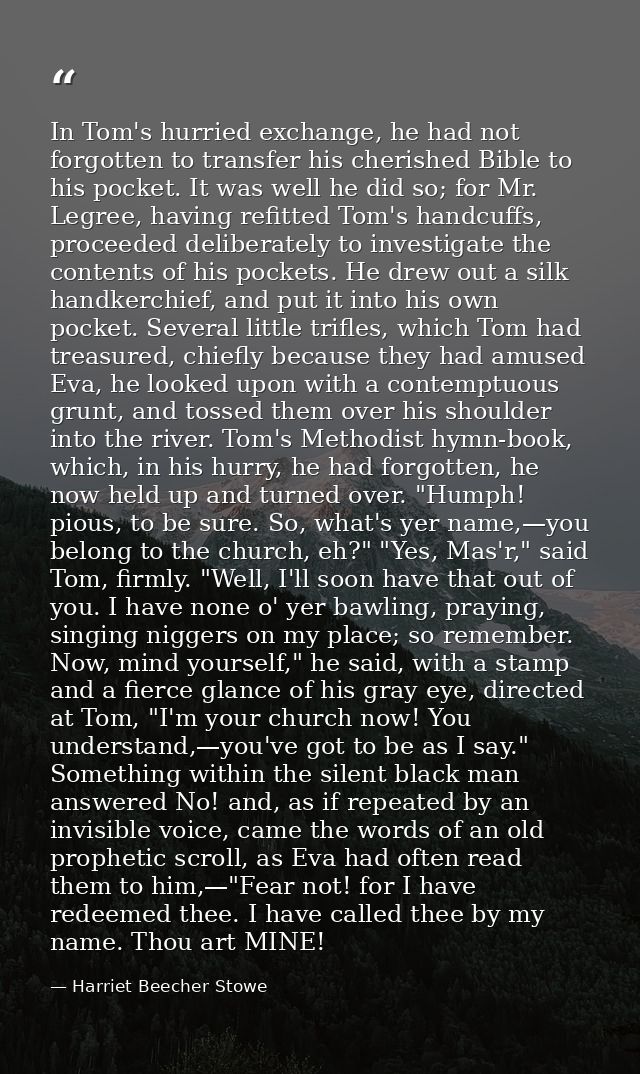 In Tom's hurried exchange, he had not forgotten to transfer his cherished Bible to his pocket. It was well he did so; fo — Harriet Beecher Stowe