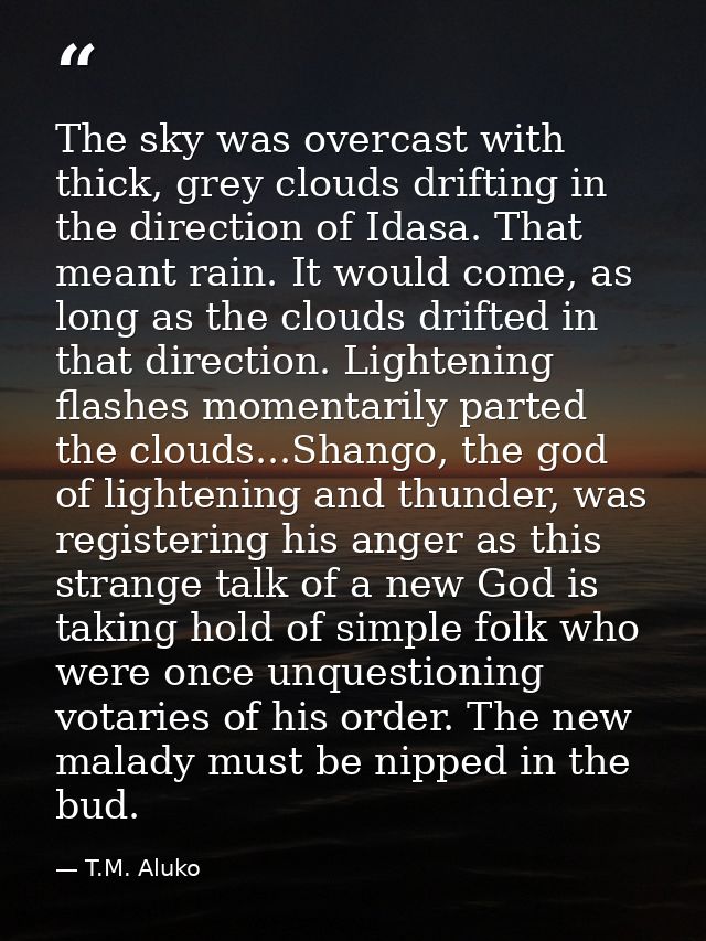 The sky was overcast with thick, grey clouds drifting in the direction of Idasa. That meant rain. It would come, as long — T.M. Aluko