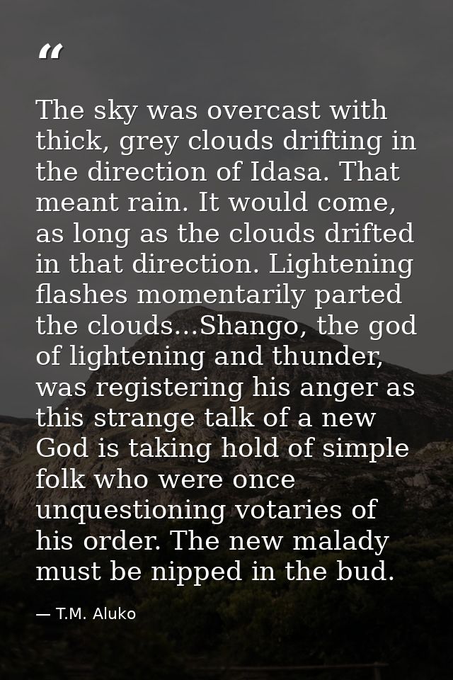 The sky was overcast with thick, grey clouds drifting in the direction of Idasa. That meant rain. It would come, as long — T.M. Aluko