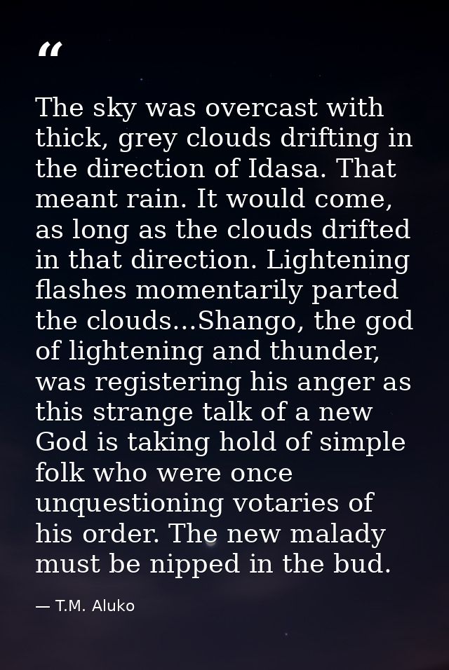The sky was overcast with thick, grey clouds drifting in the direction of Idasa. That meant rain. It would come, as long — T.M. Aluko