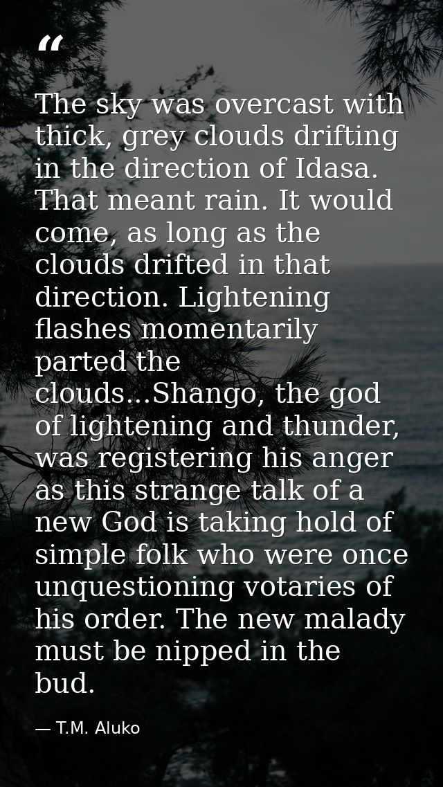 The sky was overcast with thick, grey clouds drifting in the direction of Idasa. That meant rain. It would come, as long — T.M. Aluko