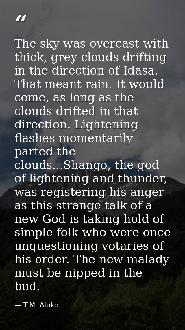 The sky was overcast with thick, grey clouds drifting in the direction of Idasa. That meant rain. It would come, as long — T.M. Aluko