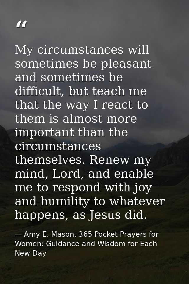 My circumstances will sometimes be pleasant and sometimes be difficult, but teach me that the way I react to them is alm — Amy E. Mason, 365 Pocket Prayers for Women: Guidance and Wisdom for Each New Day