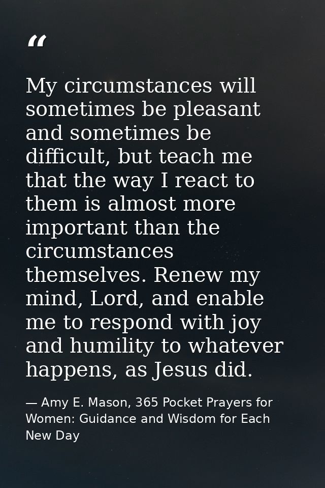 My circumstances will sometimes be pleasant and sometimes be difficult, but teach me that the way I react to them is alm — Amy E. Mason, 365 Pocket Prayers for Women: Guidance and Wisdom for Each New Day