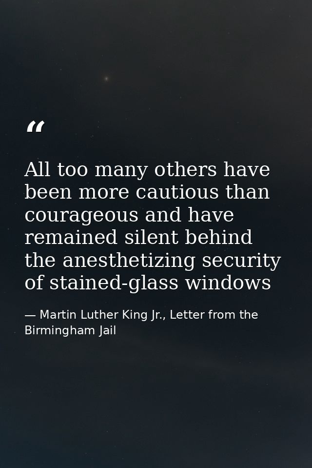 All too many others have been more cautious than courageous and have remained silent behind the anesthetizing security o — Martin Luther King Jr., Letter from the Birmingham Jail