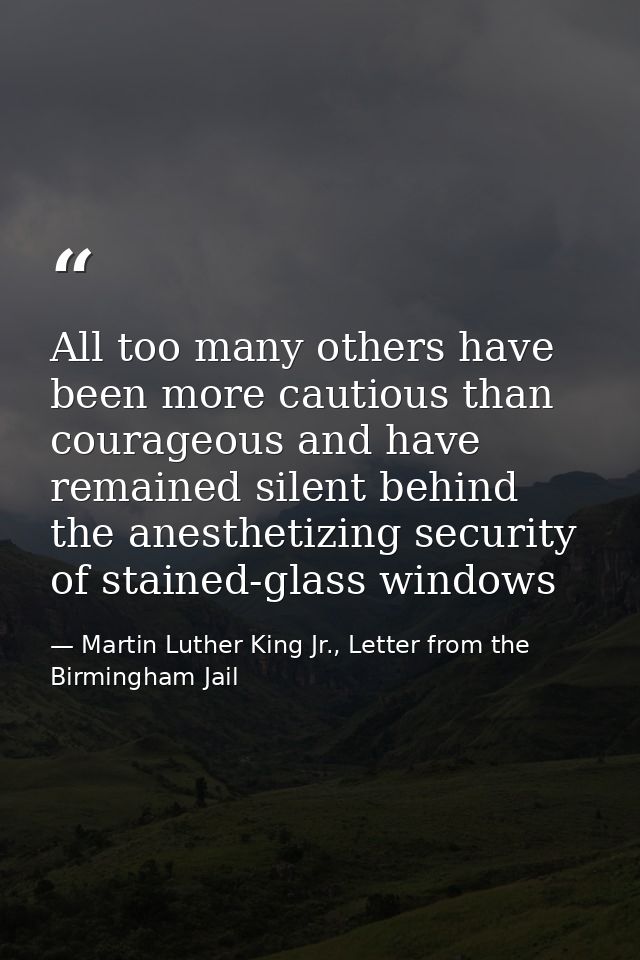 All too many others have been more cautious than courageous and have remained silent behind the anesthetizing security o — Martin Luther King Jr., Letter from the Birmingham Jail