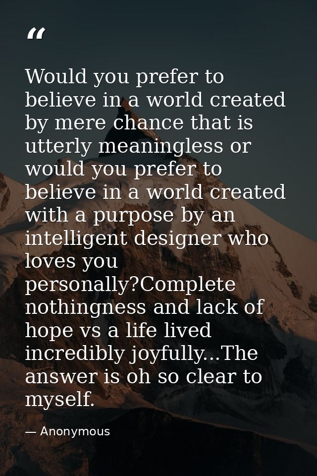 Would you prefer to believe in a world created by mere chance that is utterly meaningless or would you prefer to believe — Anonymous