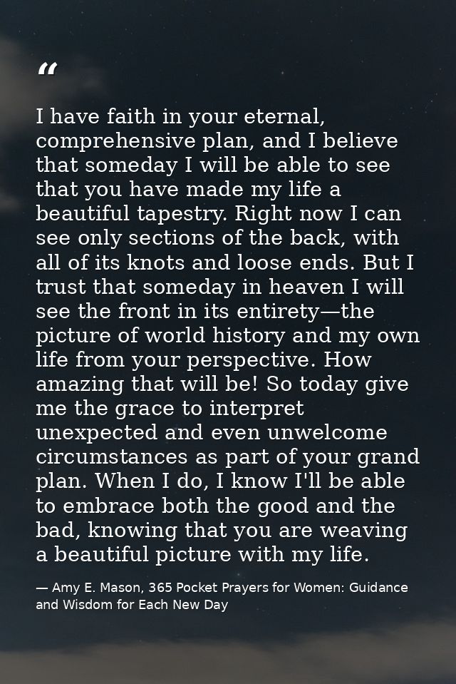 I have faith in your eternal, comprehensive plan, and I believe that someday I will be able to see that you have made my — Amy E. Mason, 365 Pocket Prayers for Women: Guidance and Wisdom for Each New Day