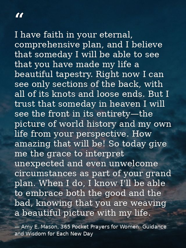 I have faith in your eternal, comprehensive plan, and I believe that someday I will be able to see that you have made my — Amy E. Mason, 365 Pocket Prayers for Women: Guidance and Wisdom for Each New Day