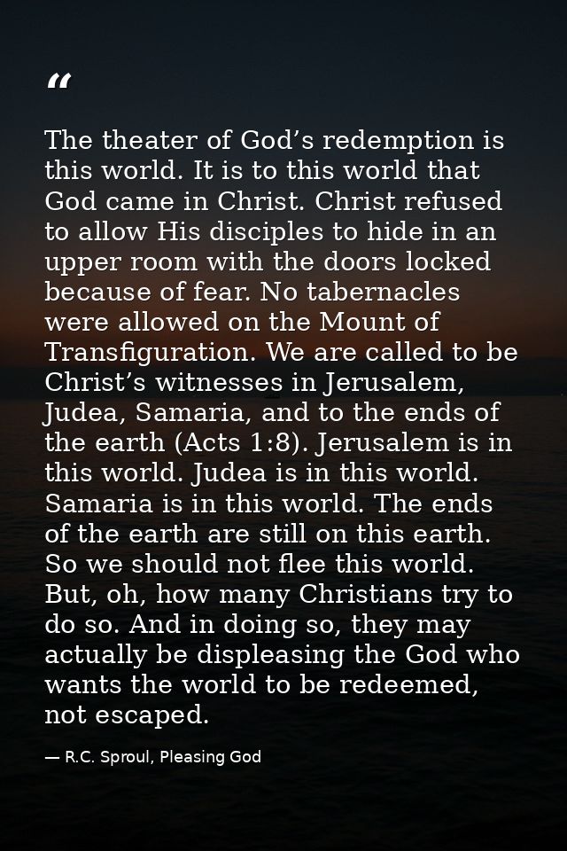 The theater of God’s redemption is this world. It is to this world that God came in Christ. Christ refused to allow His  — R.C. Sproul, Pleasing God