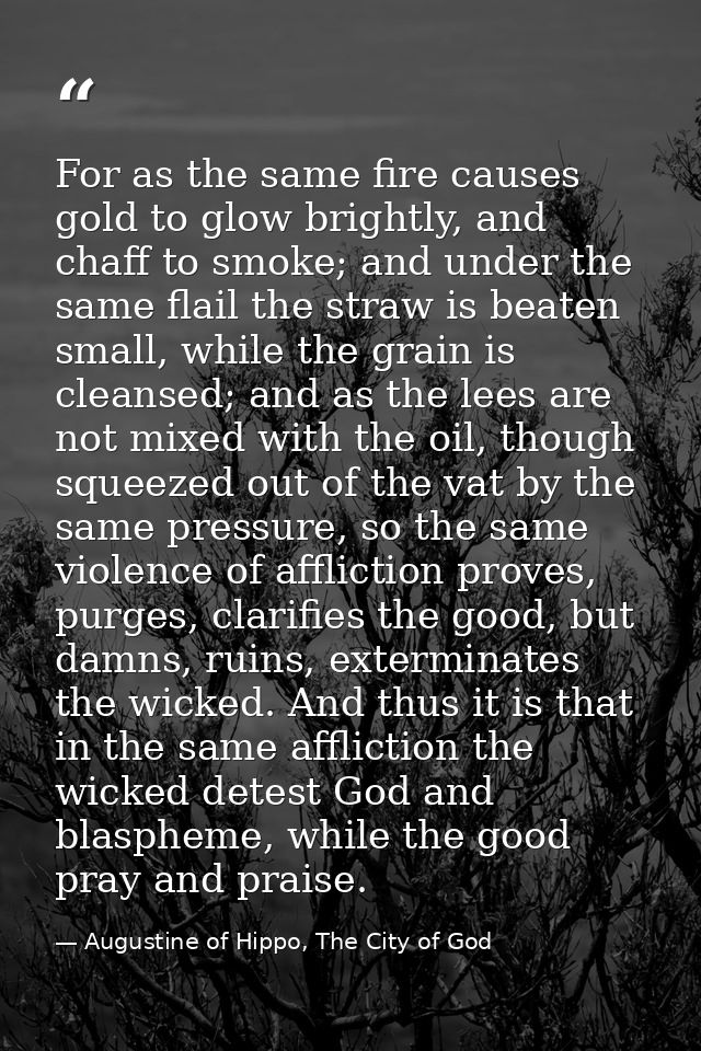 For as the same fire causes gold to glow brightly, and chaff to smoke; and under the same flail the straw is beaten smal — Augustine of Hippo, The City of God