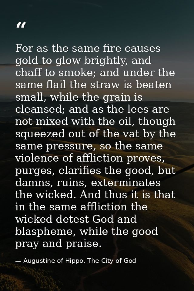 For as the same fire causes gold to glow brightly, and chaff to smoke; and under the same flail the straw is beaten smal — Augustine of Hippo, The City of God