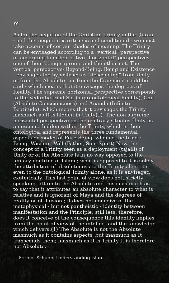 As for the negation of the Christian Trinity in the Quran - and this negation is extrinsic and conditional - we must tak — Frithjof Schuon, Understanding Islam