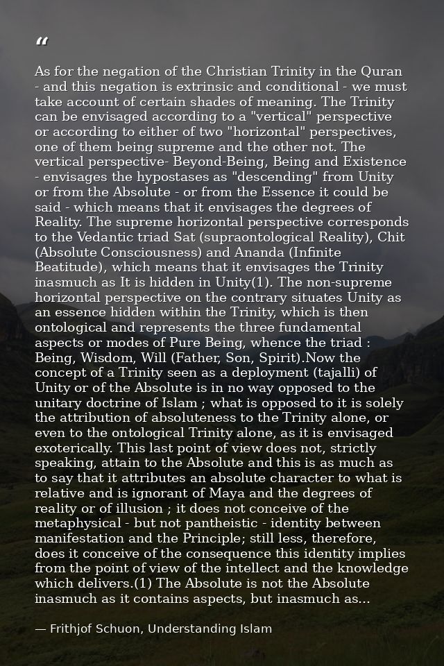 As for the negation of the Christian Trinity in the Quran - and this negation is extrinsic and conditional - we must tak — Frithjof Schuon, Understanding Islam