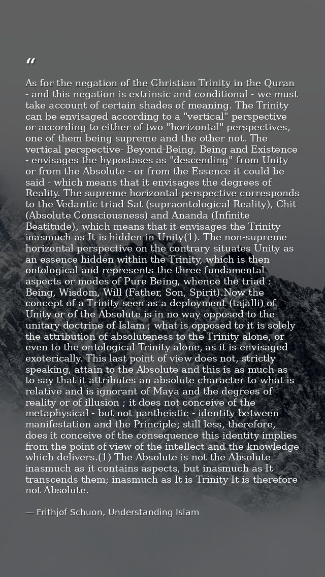 As for the negation of the Christian Trinity in the Quran - and this negation is extrinsic and conditional - we must tak — Frithjof Schuon, Understanding Islam