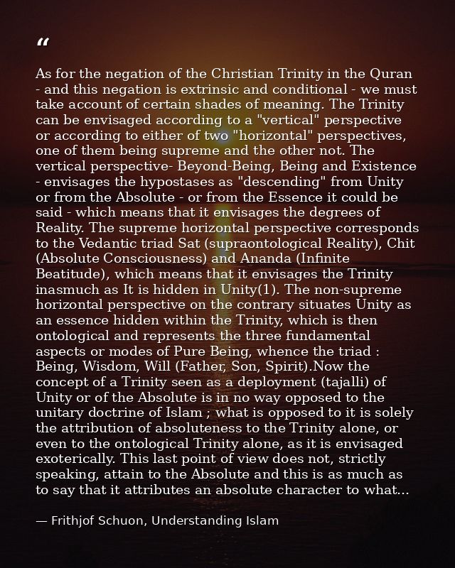 As for the negation of the Christian Trinity in the Quran - and this negation is extrinsic and conditional - we must tak — Frithjof Schuon, Understanding Islam