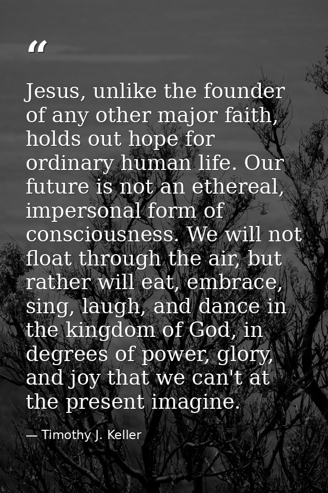 Jesus, unlike the founder of any other major faith, holds out hope for ordinary human life. Our future is not an etherea — Timothy J. Keller