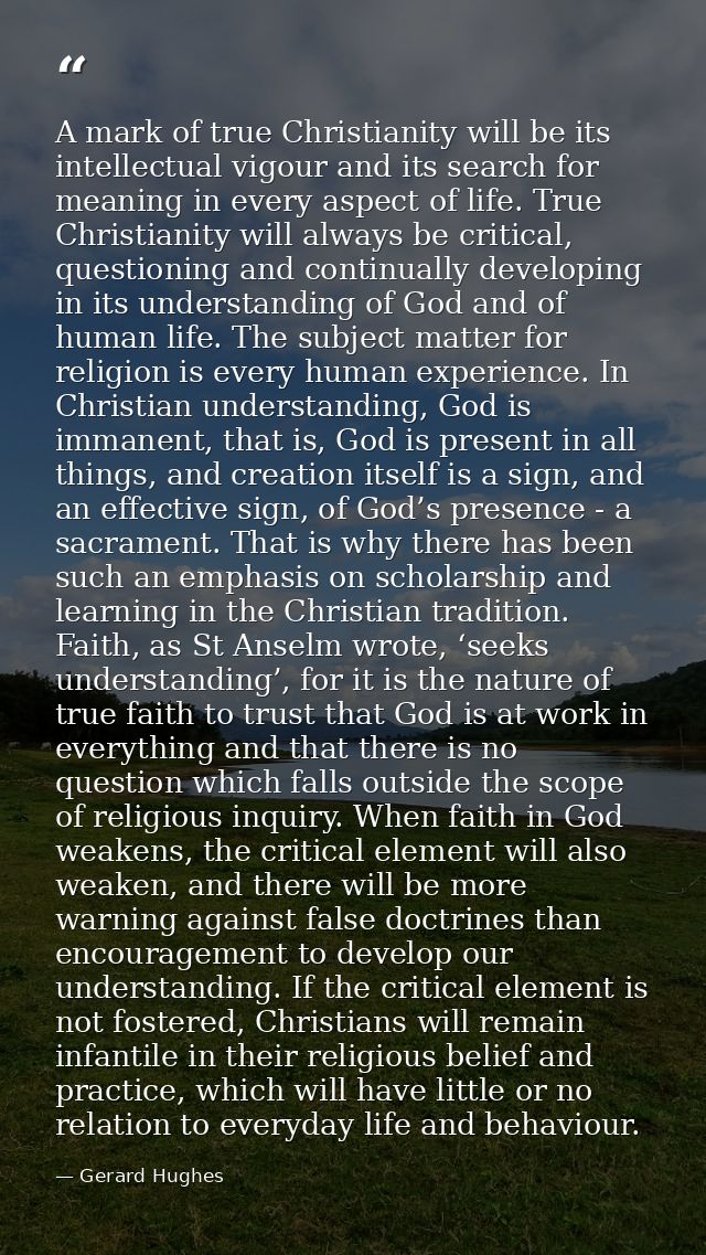 A mark of true Christianity will be its intellectual vigour and its search for meaning in every aspect of life. True Chr — Gerard Hughes