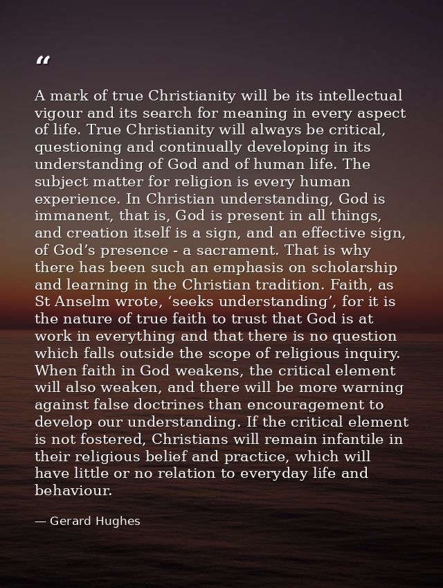 A mark of true Christianity will be its intellectual vigour and its search for meaning in every aspect of life. True Chr — Gerard Hughes