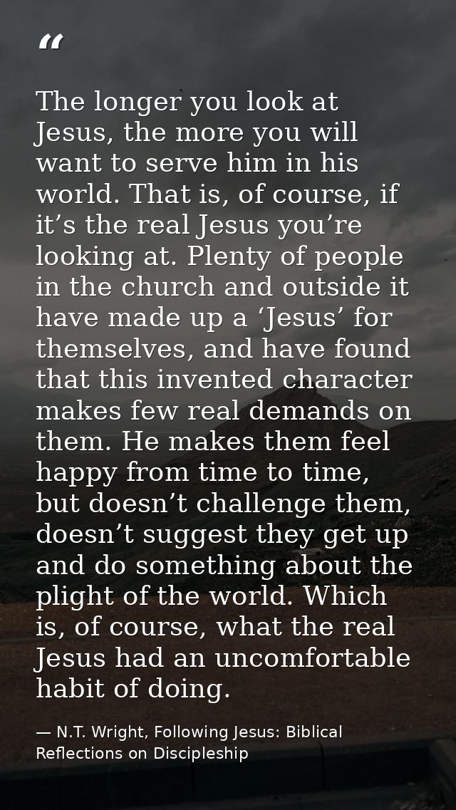 The longer you look at Jesus, the more you will want to serve him in his world. That is, of course, if it’s the real Jes — N.T. Wright, Following Jesus: Biblical Reflections on Discipleship