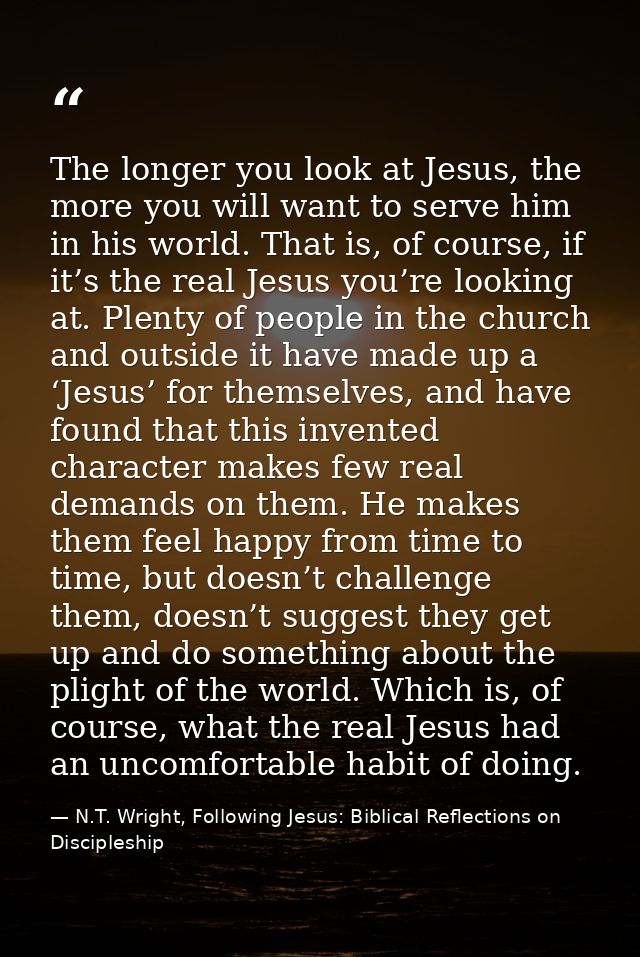 The longer you look at Jesus, the more you will want to serve him in his world. That is, of course, if it’s the real Jes — N.T. Wright, Following Jesus: Biblical Reflections on Discipleship