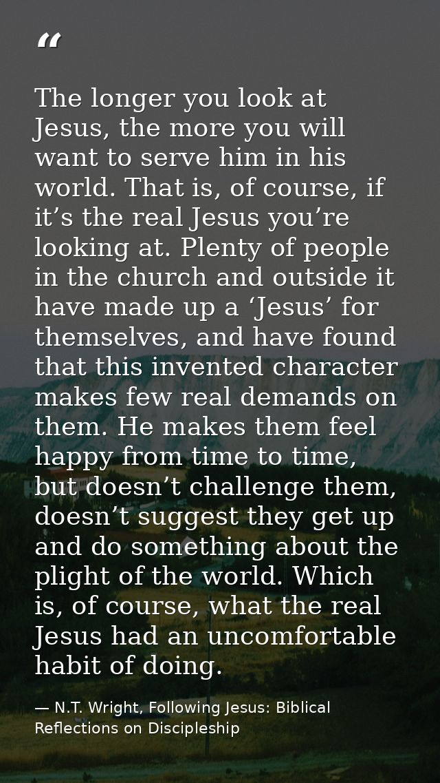 The longer you look at Jesus, the more you will want to serve him in his world. That is, of course, if it’s the real Jes — N.T. Wright, Following Jesus: Biblical Reflections on Discipleship