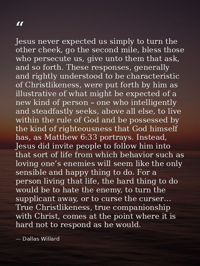 Jesus never expected us simply to turn the other cheek, go the second mile, bless those who persecute us, give unto them — Dallas Willard