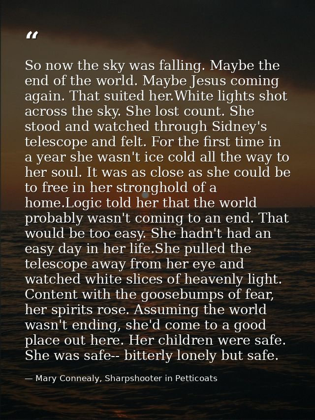 So now the sky was falling. Maybe the end of the world. Maybe Jesus coming again. That suited her.White lights shot acro — Mary Connealy, Sharpshooter in Petticoats