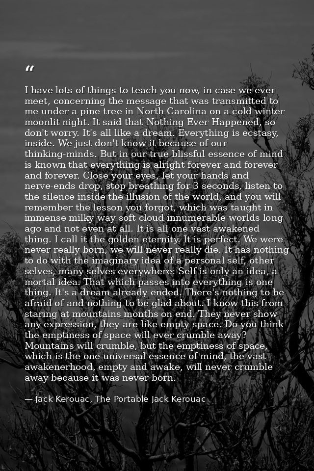 I have lots of things to teach you now, in case we ever meet, concerning the message that was transmitted to me under a  — Jack Kerouac, The Portable Jack Kerouac