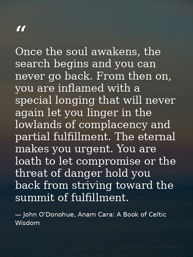 Once the soul awakens, the search begins and you can never go back. From then on, you are inflamed with a special longin — John O'Donohue, Anam Cara: A Book of Celtic Wisdom