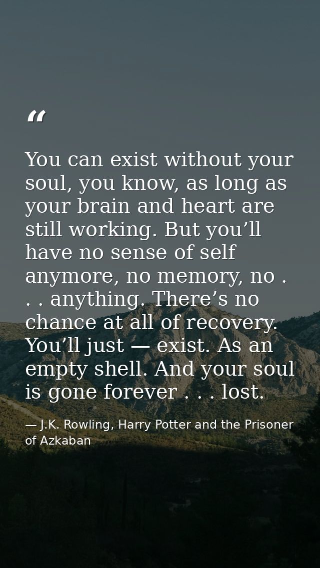 You can exist without your soul, you know, as long as your brain and heart are still working. But you’ll have no sense o — J.K. Rowling, Harry Potter and the Prisoner of Azkaban