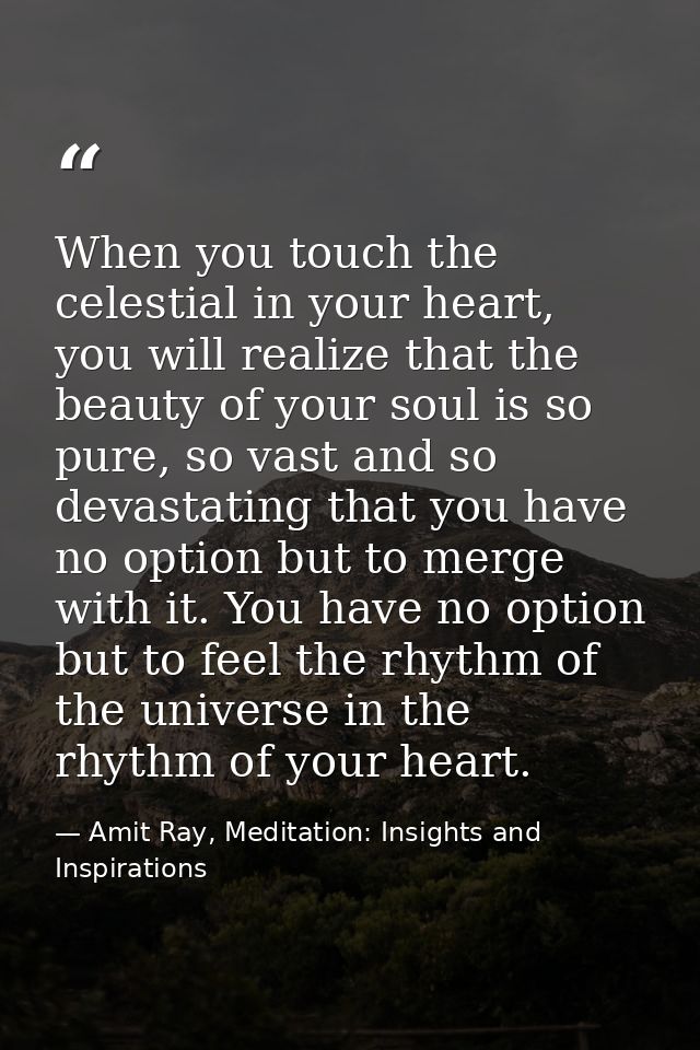 When you touch the celestial in your heart, you will realize that the beauty of your soul is so pure, so vast and so dev — Amit Ray, Meditation: Insights and Inspirations
