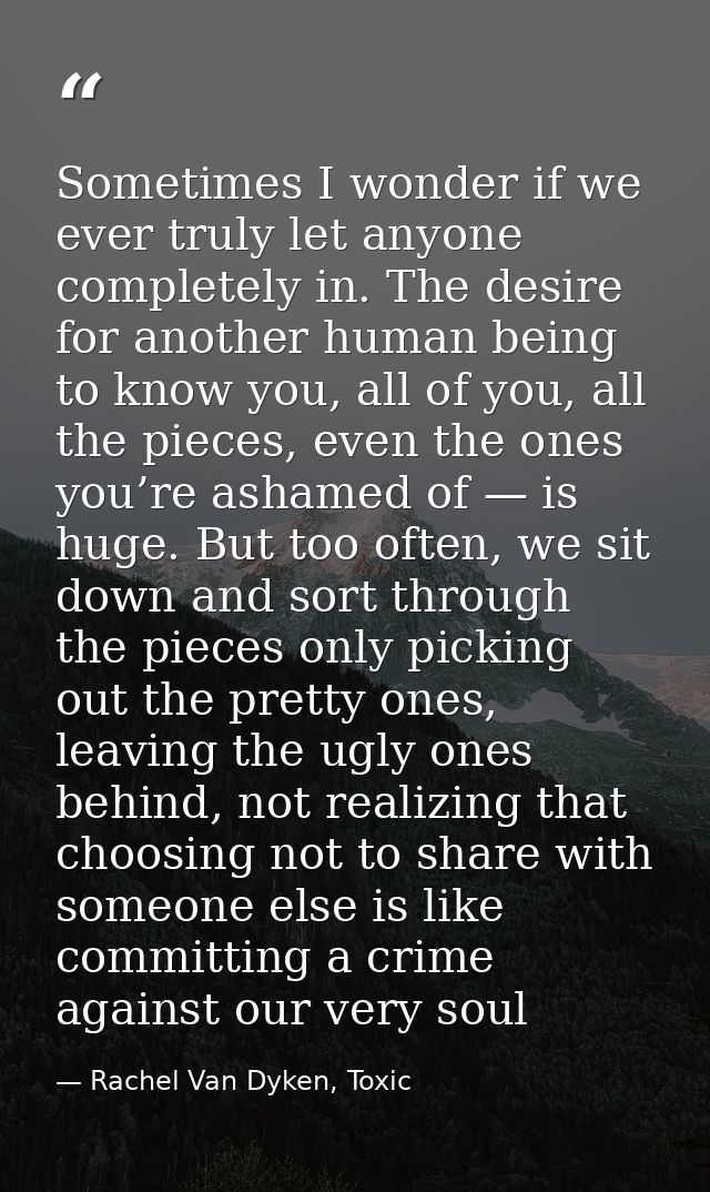 Sometimes I wonder if we ever truly let anyone completely in. The desire for another human being to know you, all of you — Rachel Van Dyken, Toxic