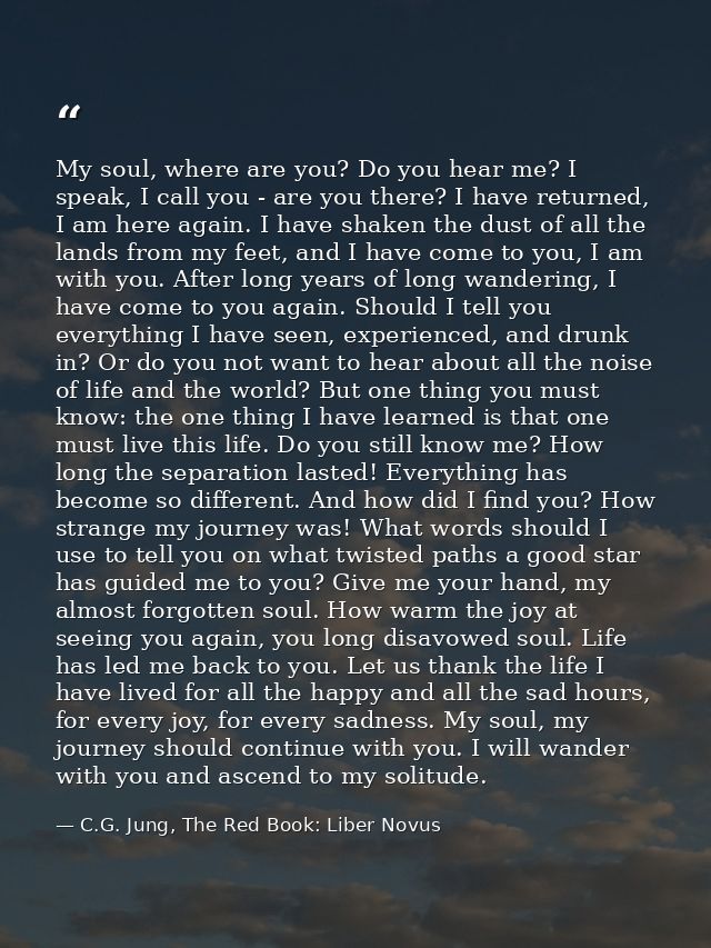 My soul, where are you? Do you hear me? I speak, I call you - are you there? I have returned, I am here again. I have sh — C.G. Jung, The Red Book: Liber Novus