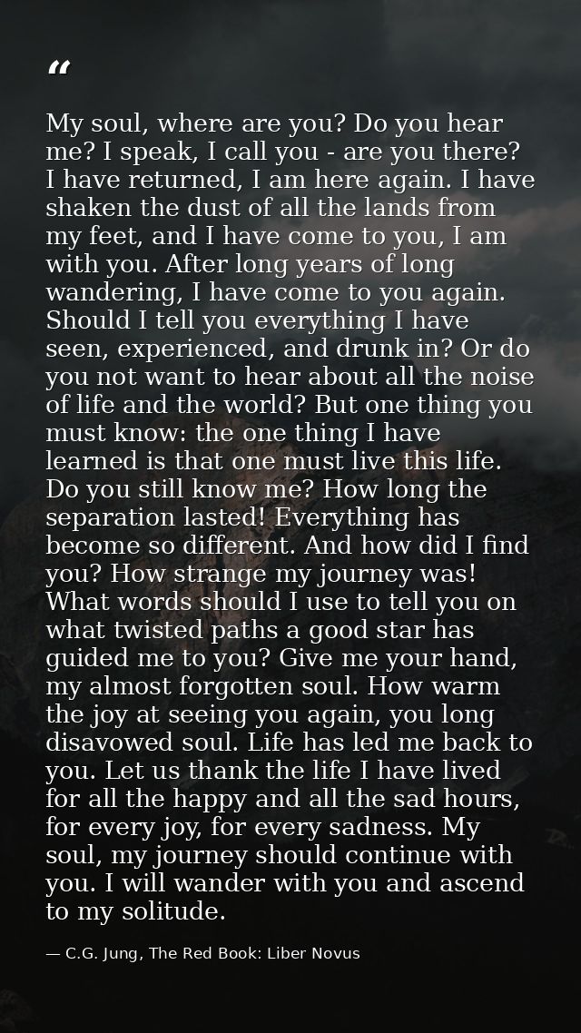 My soul, where are you? Do you hear me? I speak, I call you - are you there? I have returned, I am here again. I have sh — C.G. Jung, The Red Book: Liber Novus