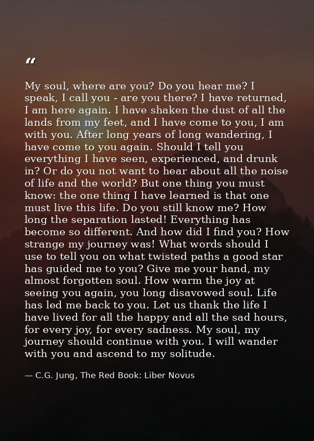 My soul, where are you? Do you hear me? I speak, I call you - are you there? I have returned, I am here again. I have sh — C.G. Jung, The Red Book: Liber Novus