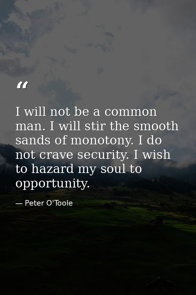 I will not be a common man. I will stir the smooth sands of monotony. I do not crave security. I wish to hazard my soul  — Peter O'Toole