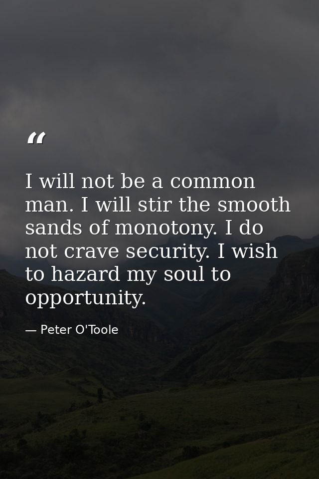 I will not be a common man. I will stir the smooth sands of monotony. I do not crave security. I wish to hazard my soul  — Peter O'Toole
