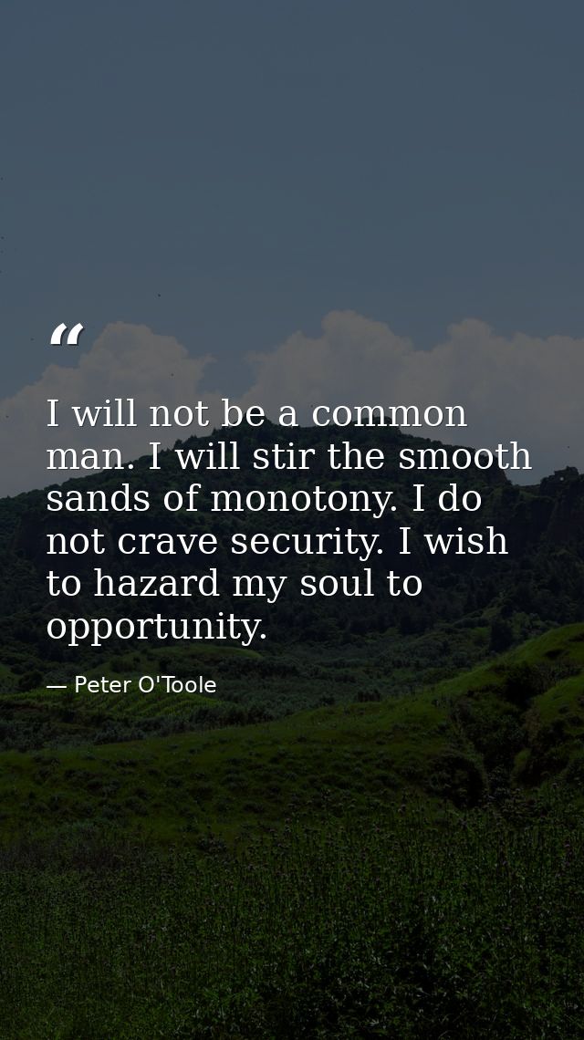 I will not be a common man. I will stir the smooth sands of monotony. I do not crave security. I wish to hazard my soul  — Peter O'Toole
