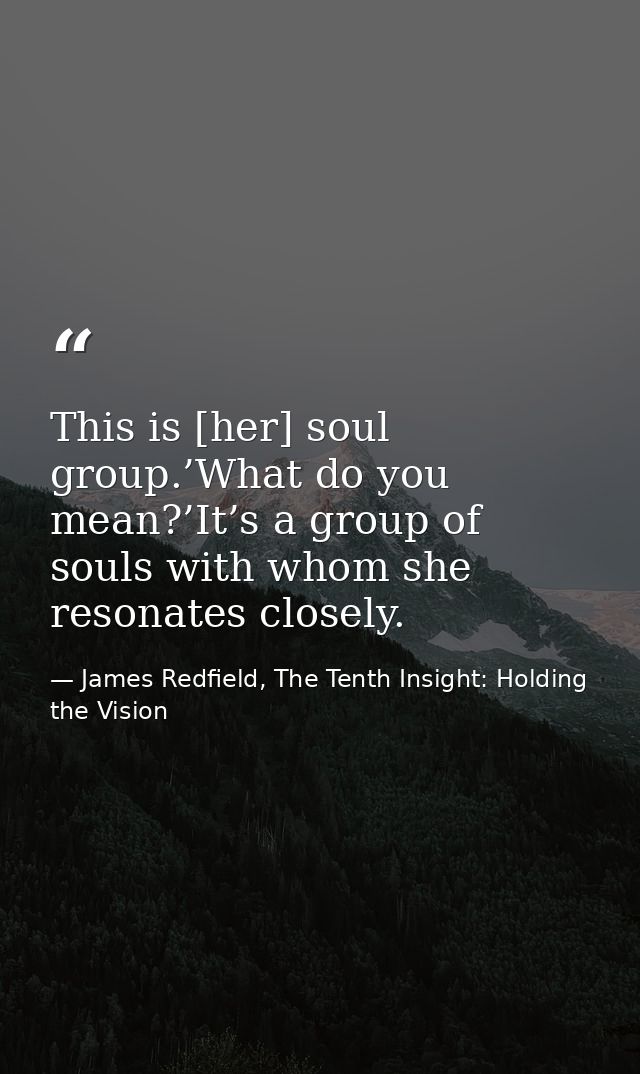 This is [her] soul group.’What do you mean?’It’s a group of souls with whom she resonates closely. — James Redfield, The Tenth Insight: Holding the Vision