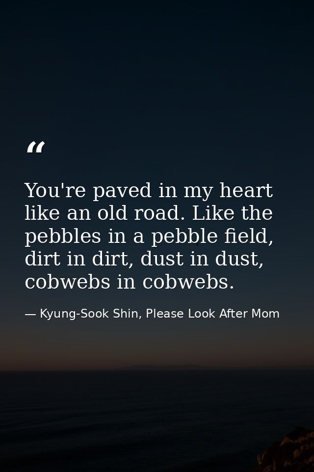You're paved in my heart like an old road. Like the pebbles in a pebble field, dirt in dirt, dust in dust, cobwebs in co — Kyung-Sook Shin, Please Look After Mom