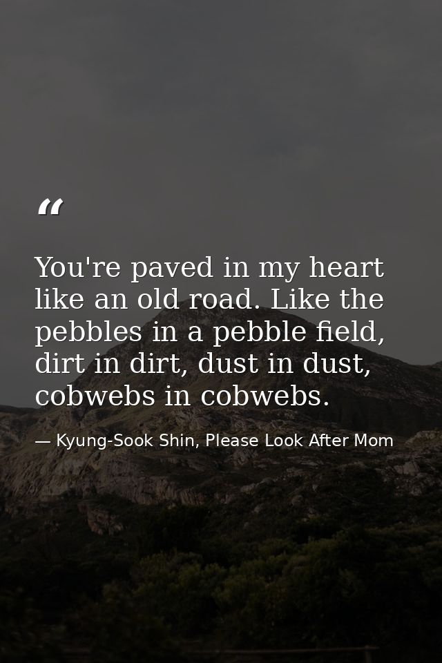 You're paved in my heart like an old road. Like the pebbles in a pebble field, dirt in dirt, dust in dust, cobwebs in co — Kyung-Sook Shin, Please Look After Mom