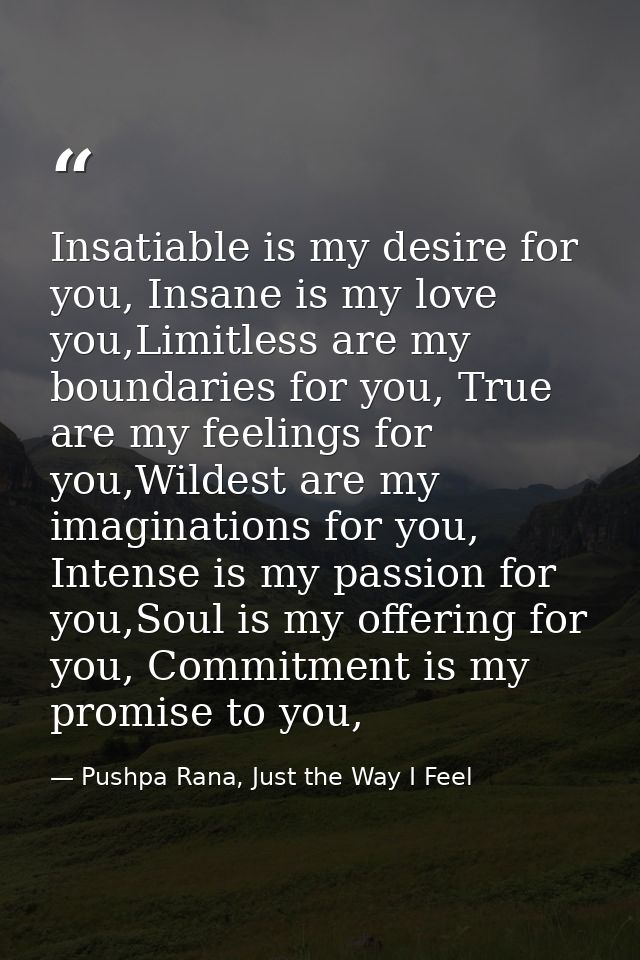 Insatiable is my desire for you, Insane is my love you,Limitless are my boundaries for you, True are my feelings for you — Pushpa Rana, Just the Way I Feel